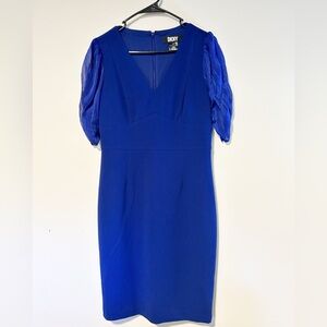 DKNY Blue Puff Sleeve V-Neck Sheath Dress, Size 6